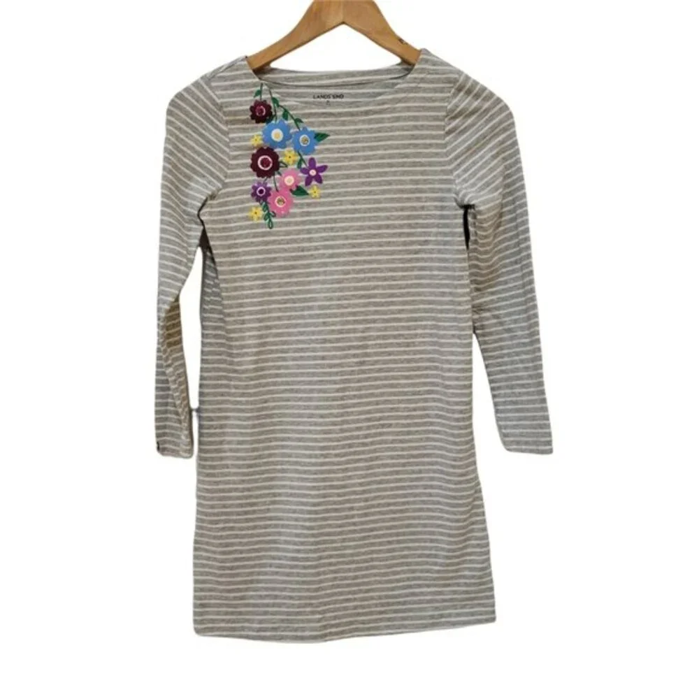 Lands' End Girls Floral Sequin Striped T-shirt Dress, M, Excellent Condition